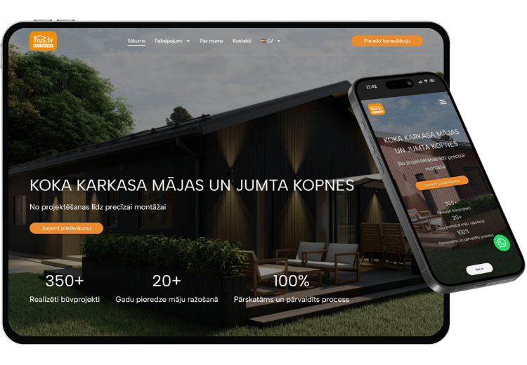 HUS ECO HOUSES — mājaslapa planšetē un telefonā