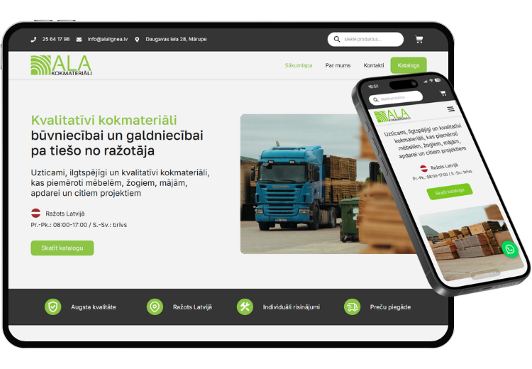 ALA Kokmateriāli — mājaslapa planšetē un telefonā