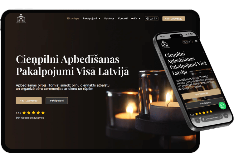 Apbedīšanas birojs Tornis — mājaslapa planšetē un telefonā